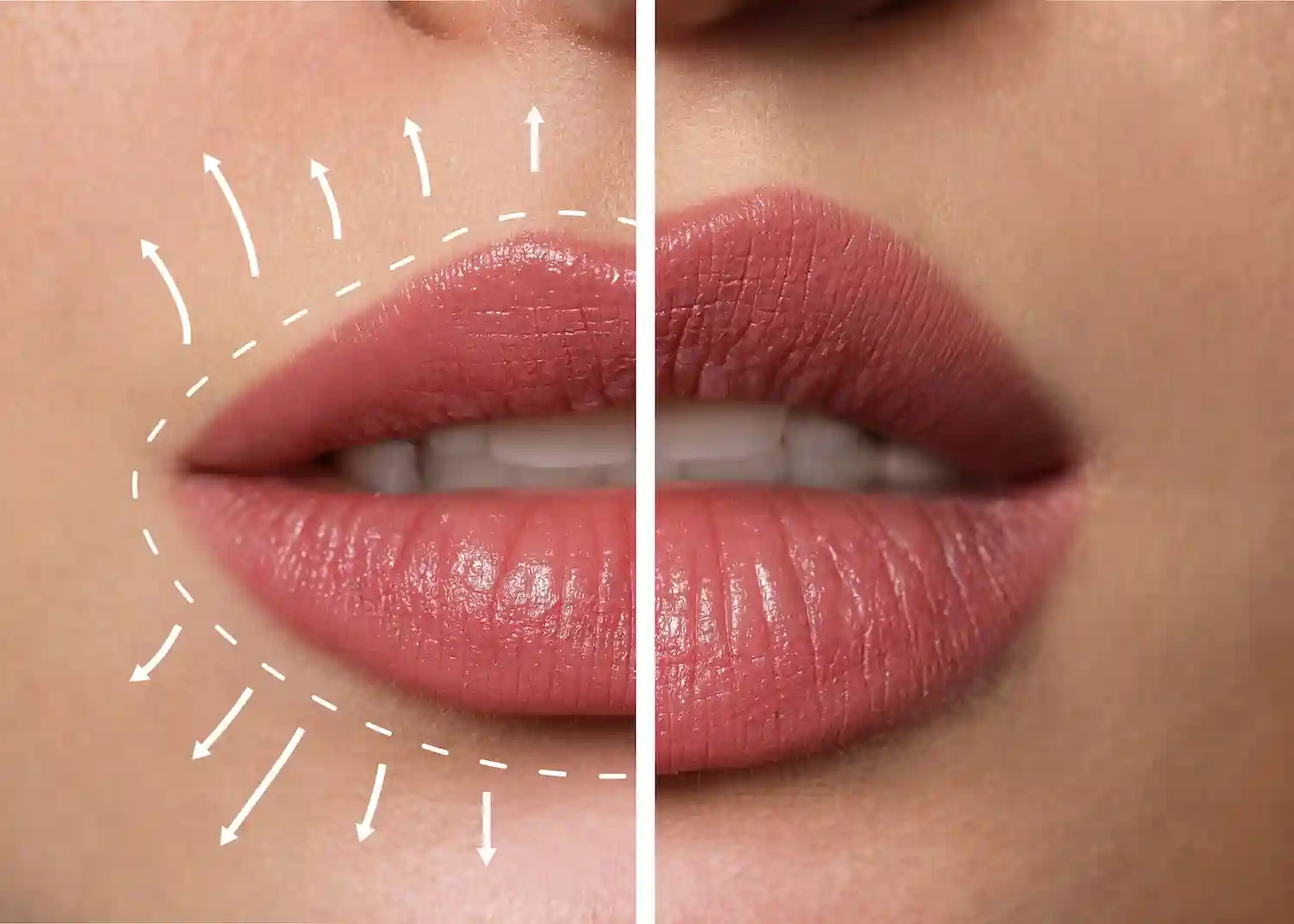 Close-up of a person’s lips with a vertical split image, showing dashed lines and arrows drawn around the lip area.