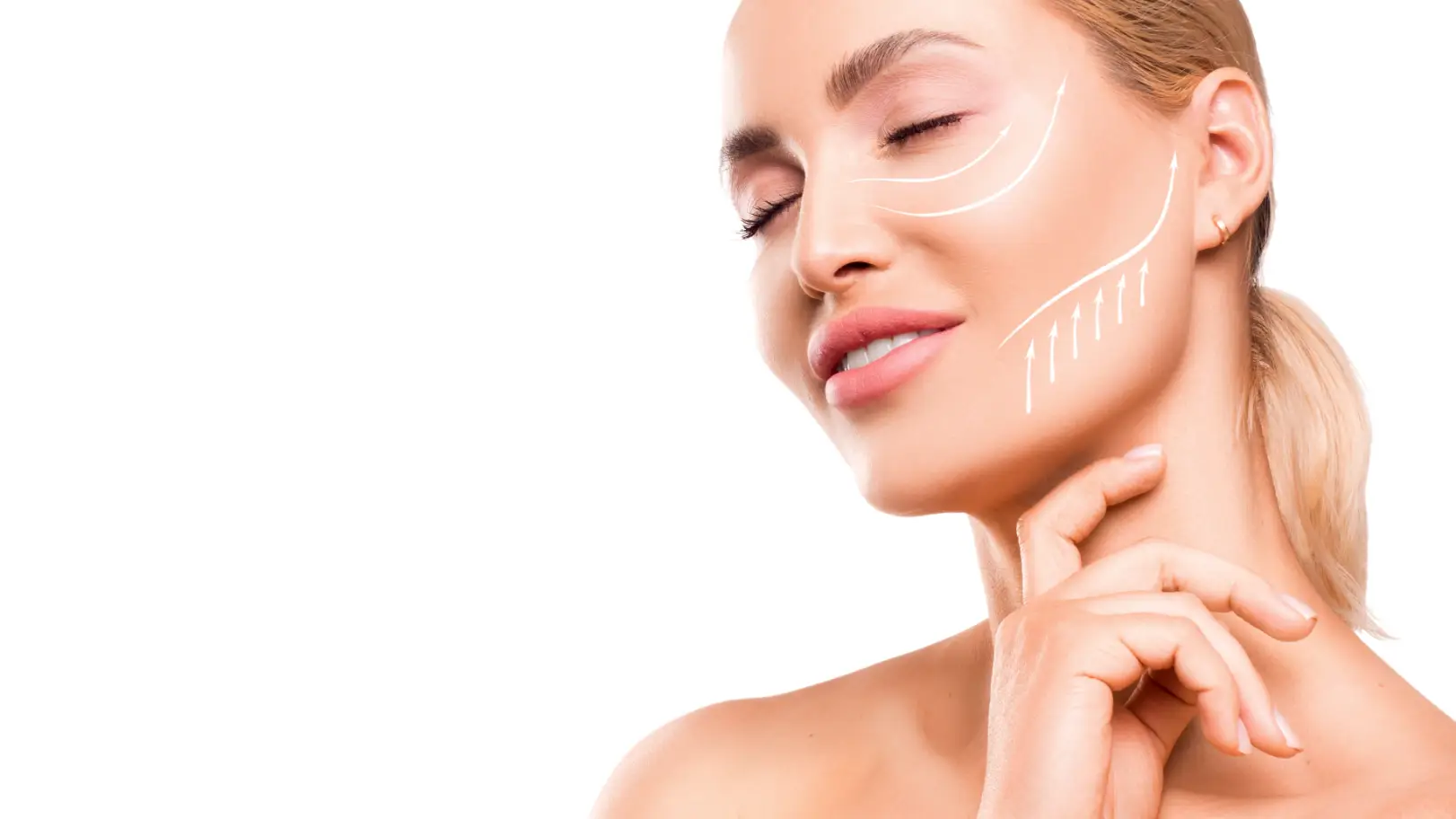 Close-up of a person touching the neck with white lifting arrows drawn along the cheek and jawline.